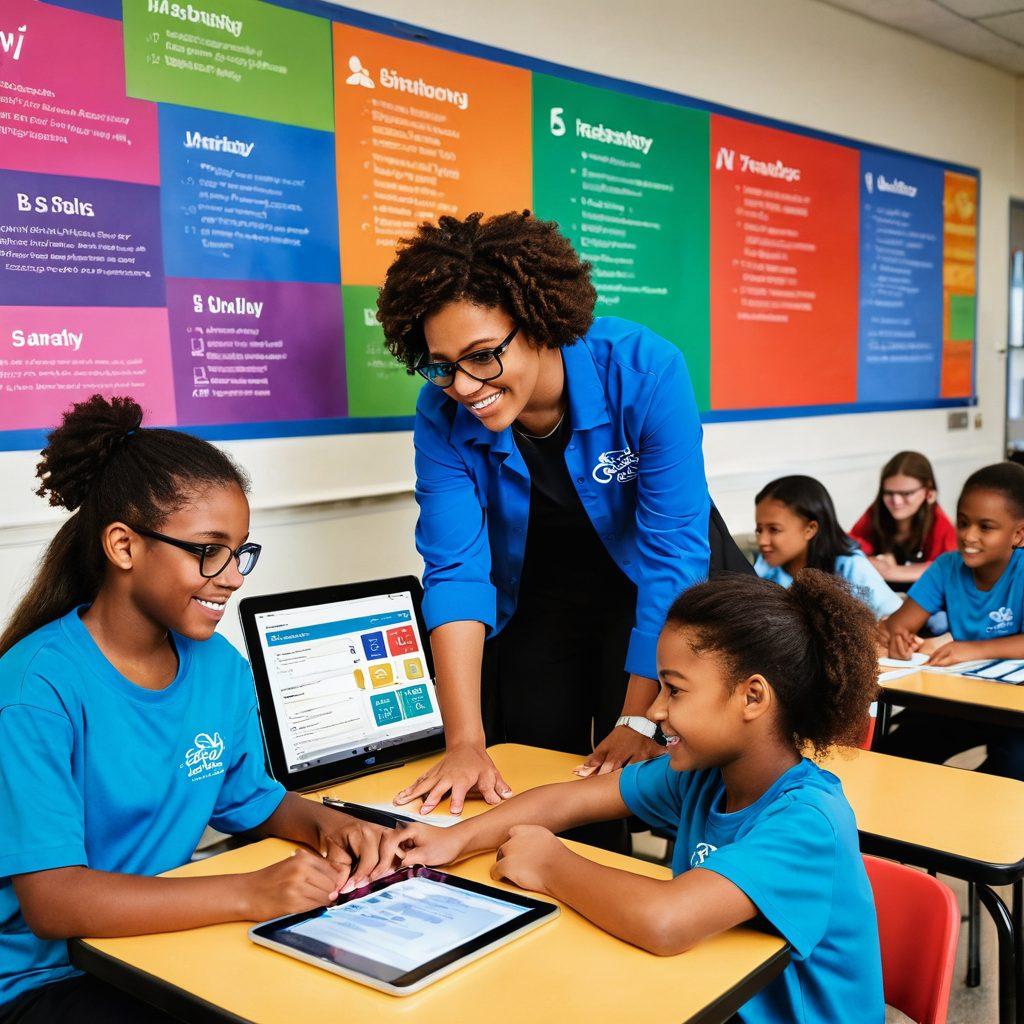 A vibrant illustration of diverse K-12 students actively engaging with digital tablets and interactive screens, showcasing personalized learning experiences with the iReady program. Include elements of teamwork and collaboration, with a teacher guiding students in a supportive classroom environment. Use bright colors to symbolize enthusiasm and growth, incorporating graphics of progress charts and inspirational quotes on walls. super-realistic. vibrant colors. educational atmosphere.