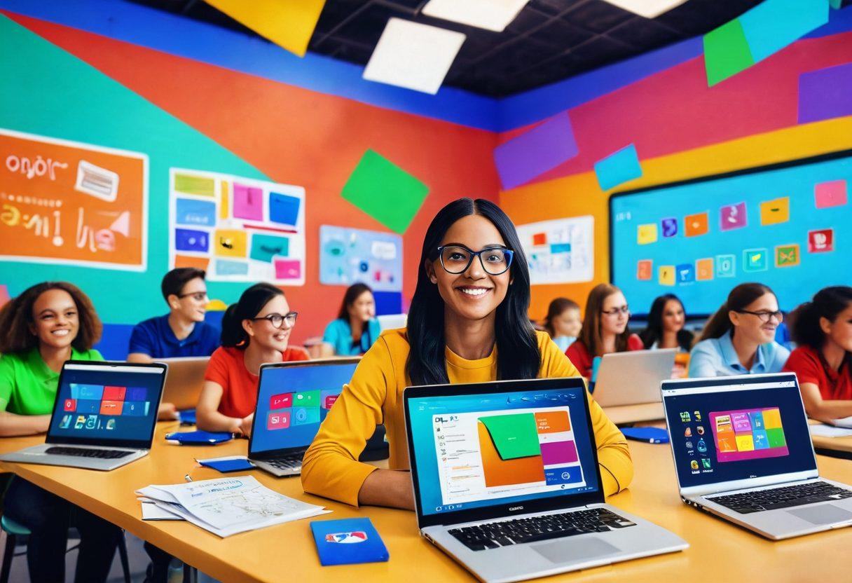 A vibrant classroom scene showcasing students engaged in virtual learning with laptops, colorful educational graphics floating around, an enthusiastic teacher on the screen, and bright, inviting colors. The environment reflects a mix of technology and creativity with elements like books and learning tools visibly around. super-realistic. vibrant colors. bright background.