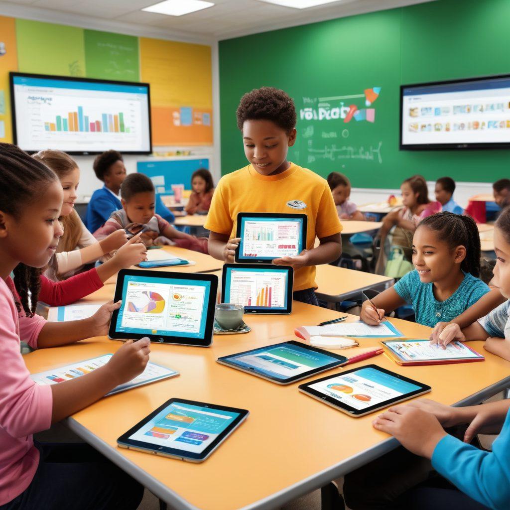 A dynamic classroom scene showcasing diverse students actively engaging with tablets featuring iReady's progress tracking tools. Highlight visual elements like colorful graphs and data analytics displayed on screens, emphasizing collaboration and effective learning. Incorporate a smartboard with futuristic icons representing educational growth. Bright colors should convey energy and motivation. super-realistic. vibrant colors. educational theme.
